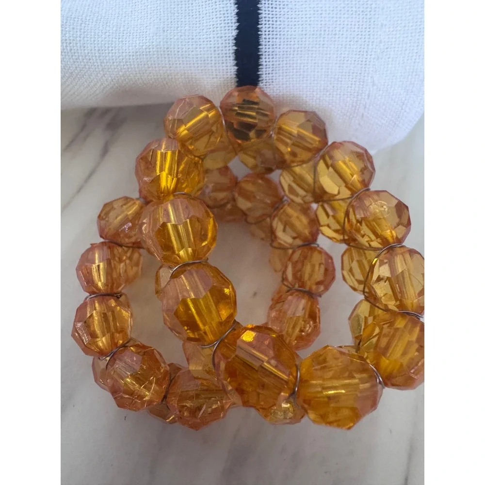 Set of 8 Napkin Rings Clear Square Acrylic and Beaded Amber Yellow Jewel Style